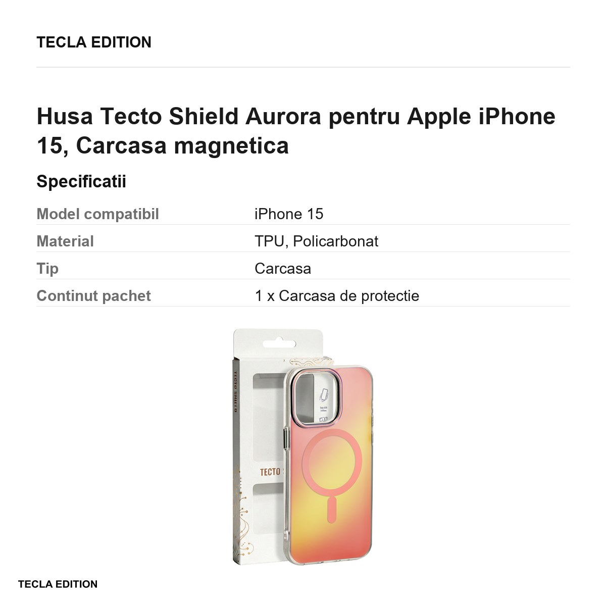 Husa Tecto Shield Aurora pentru Apple iPhone 15, Carcasa magnetica, Roz [2]