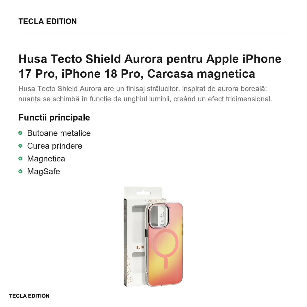 Husa Tecto Shield Aurora pentru Apple iPhone 17 Pro, iPhone 18 Pro, Carcasa magnetica, Roz [1]