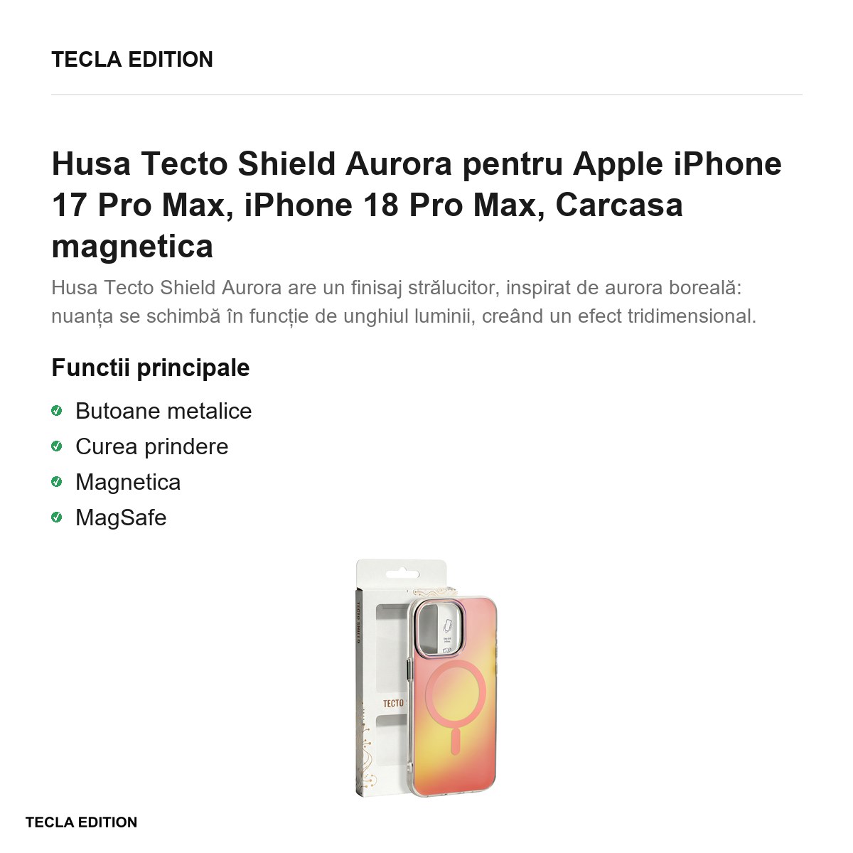 Husa Tecto Shield Aurora pentru Apple iPhone 17 Pro Max, iPhone 18 Pro Max, Carcasa magnetica, Roz [1]