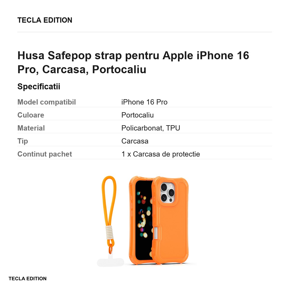 Husa Safepop strap pentru Apple iPhone 16 Pro, Carcasa, Portocaliu [2]