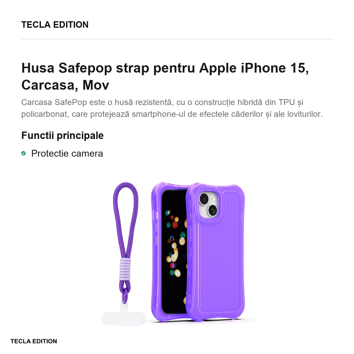 Husa Safepop strap pentru Apple iPhone 15, Carcasa, Mov [1]