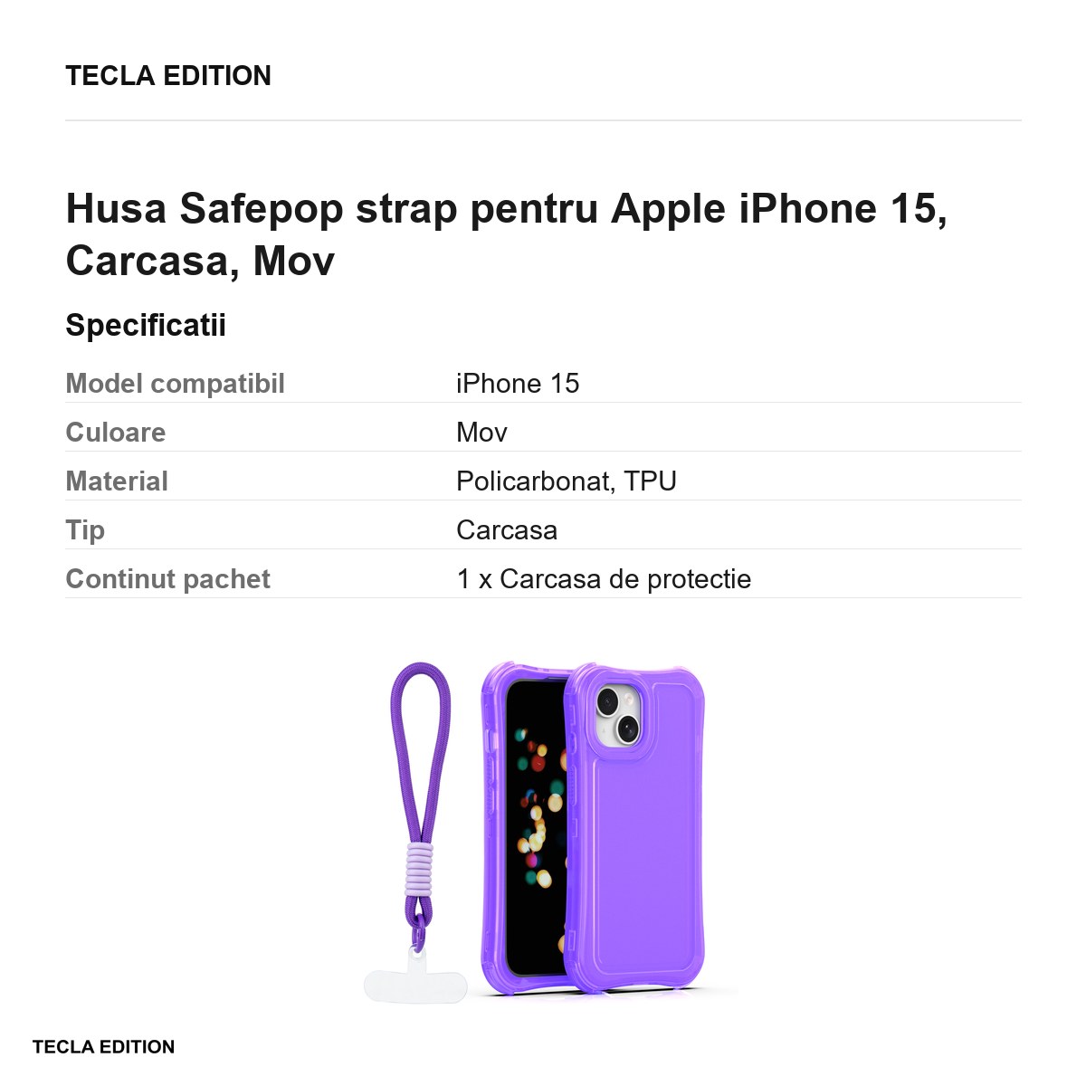 Husa Safepop strap pentru Apple iPhone 15, Carcasa, Mov [2]
