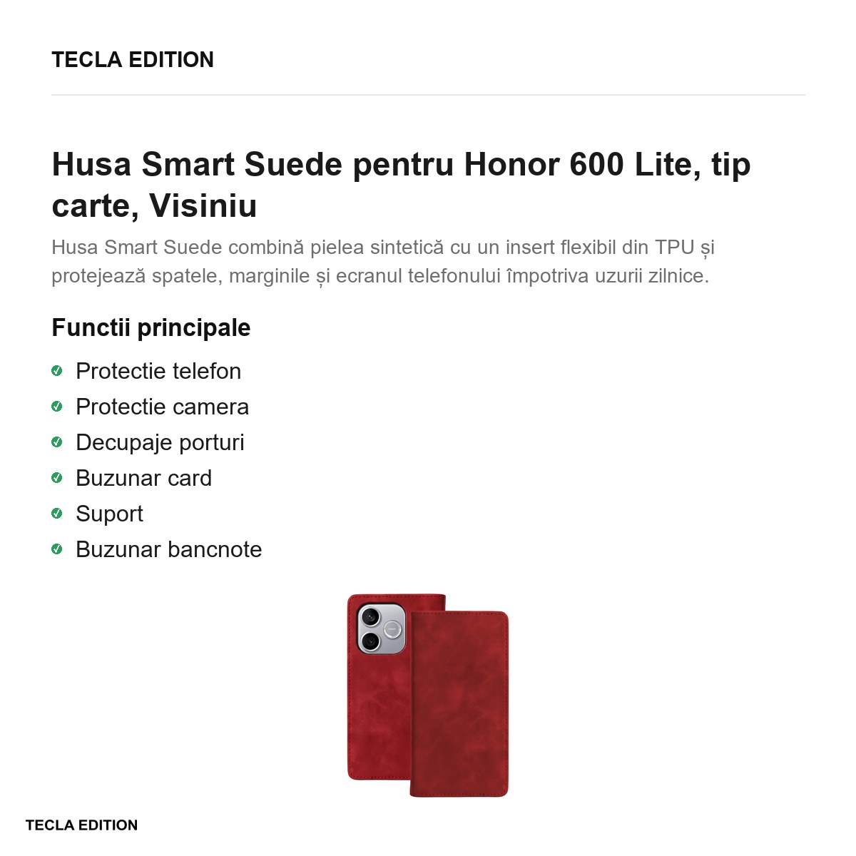 Husa Smart Suede pentru Honor 600 Lite, tip carte, Visiniu [1]