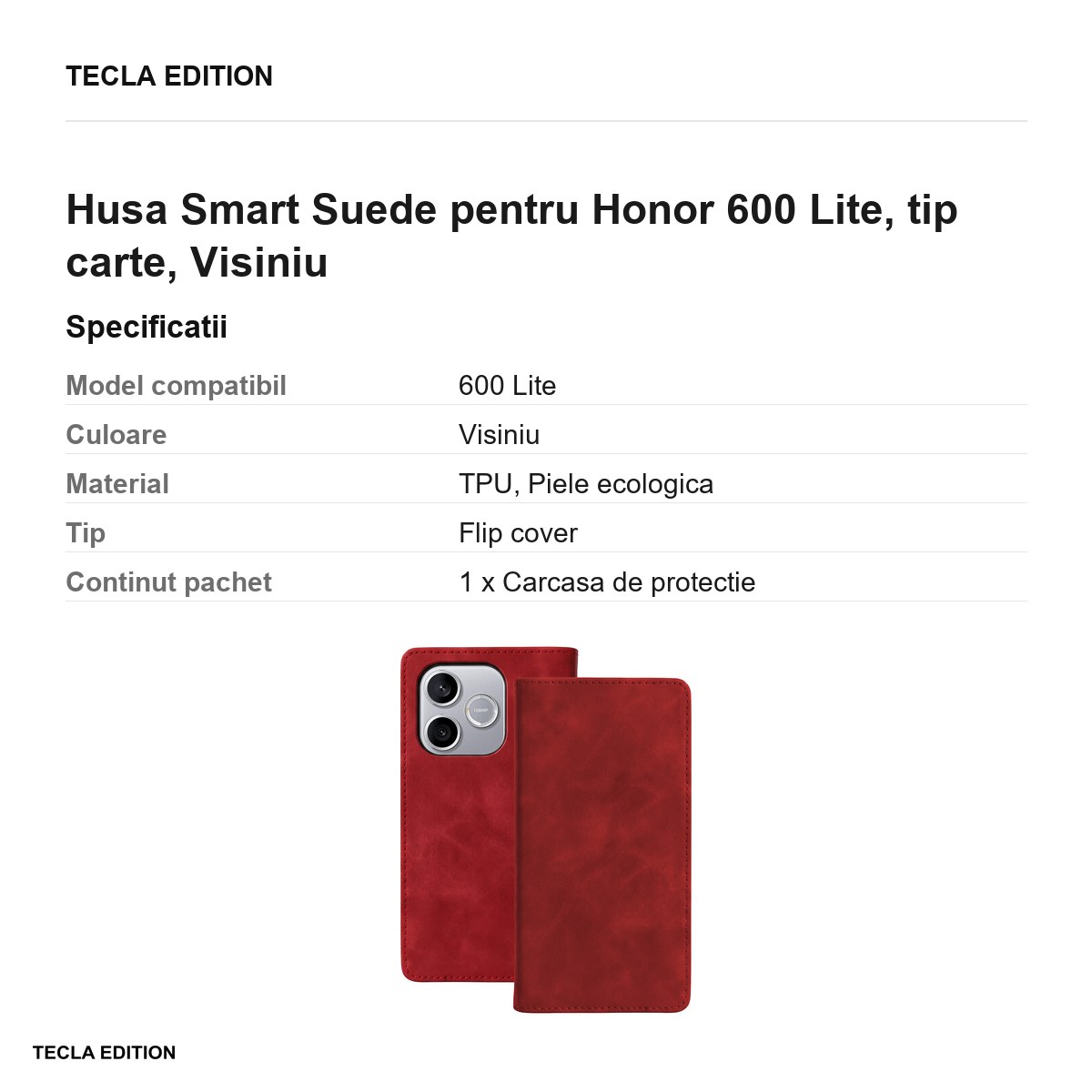 Husa Smart Suede pentru Honor 600 Lite, tip carte, Visiniu [2]