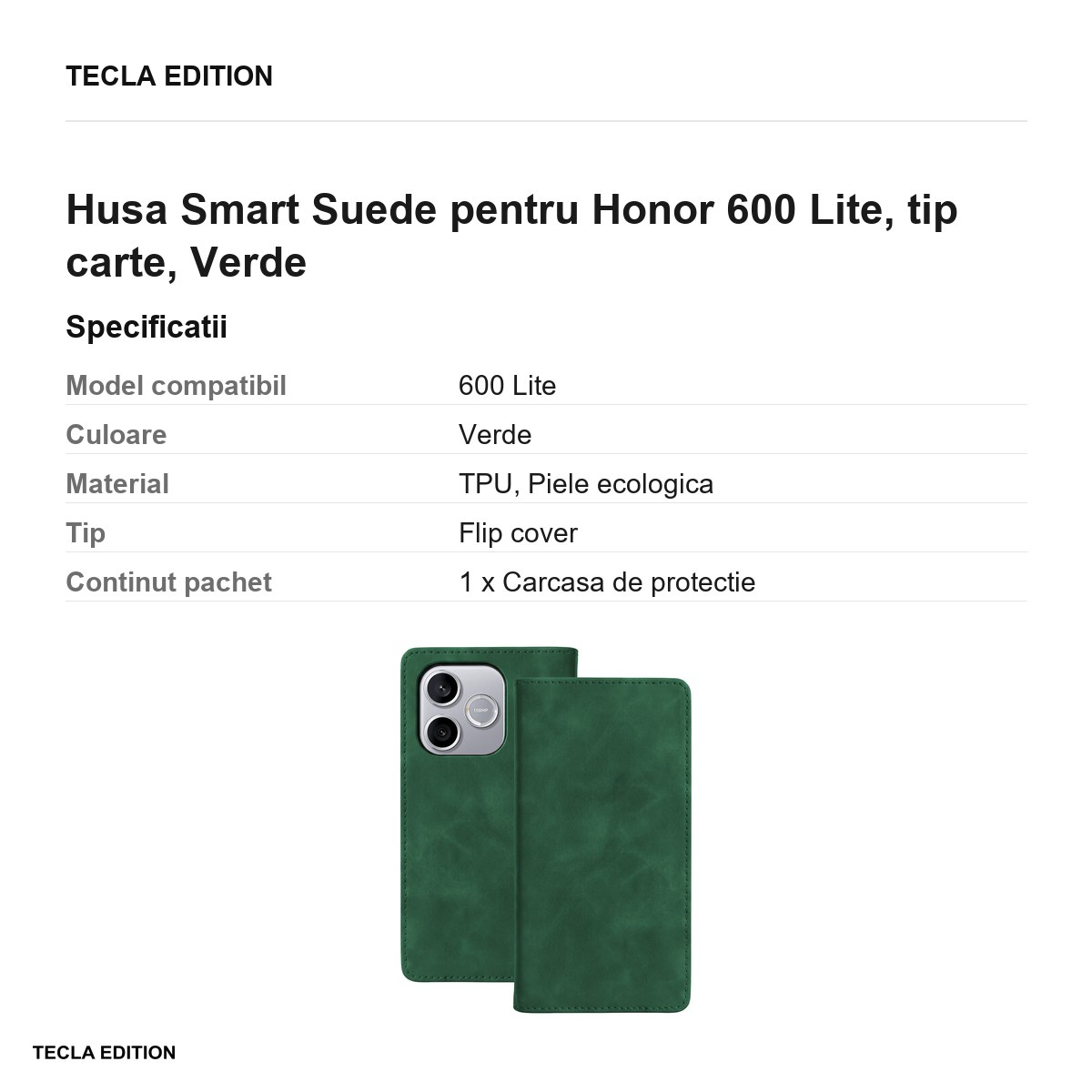 Husa Smart Suede pentru Honor 600 Lite, tip carte, Verde [2]