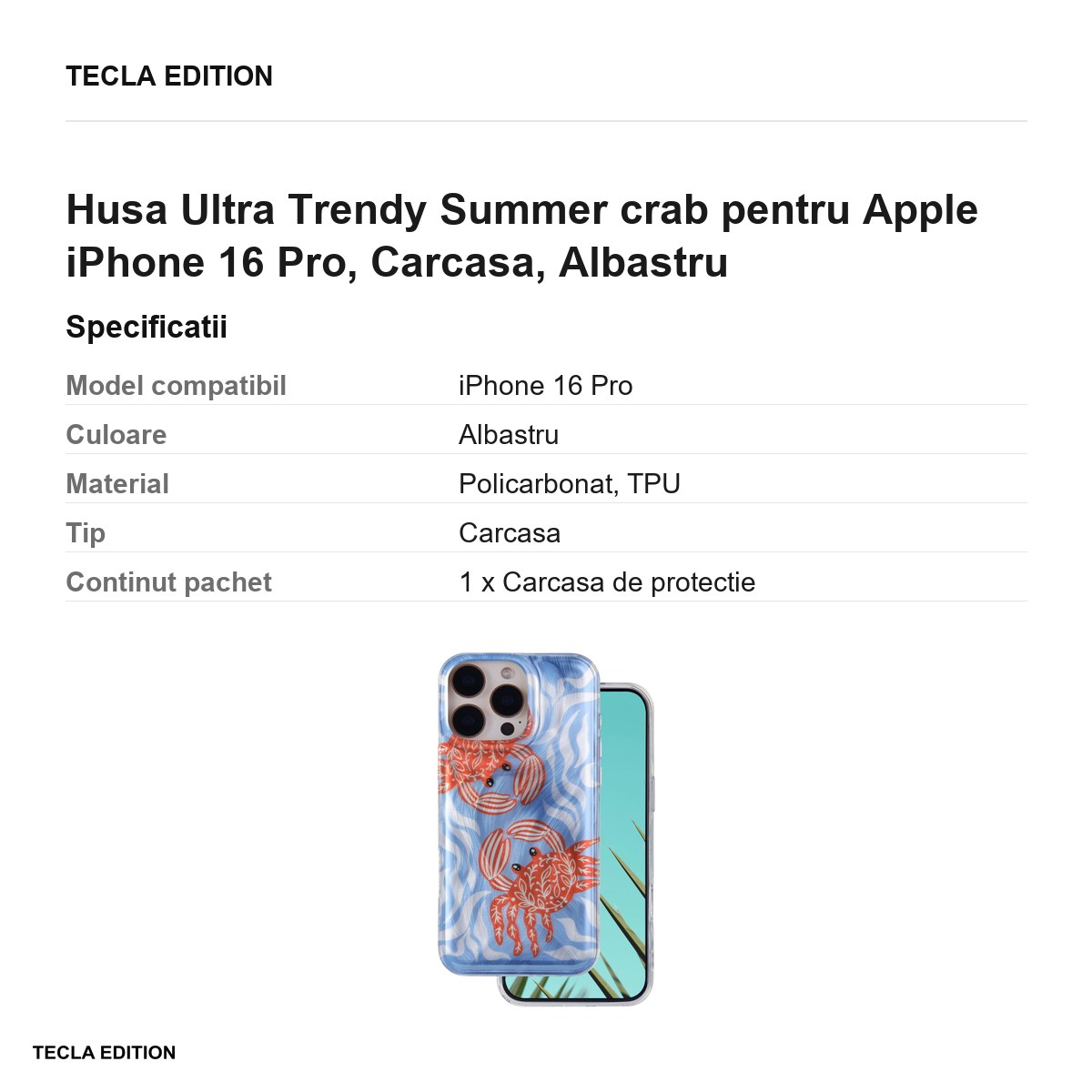 Husa Ultra Trendy Summer crab pentru Apple iPhone 16 Pro, Carcasa, Albastru [2]