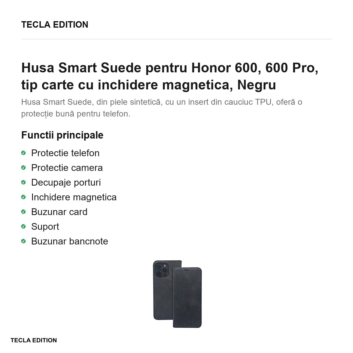 Husa Smart Suede pentru Honor 600, 600 Pro, tip carte cu inchidere magnetica, Negru [1]