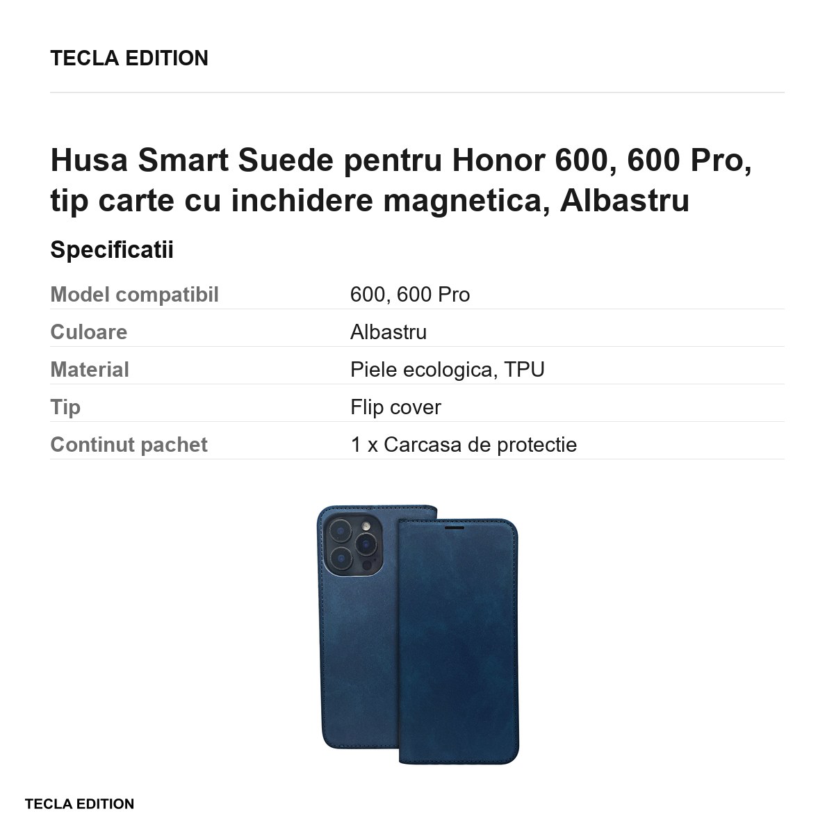 Husa Smart Suede pentru Honor 600, 600 Pro, tip carte cu inchidere magnetica, Albastru [2]