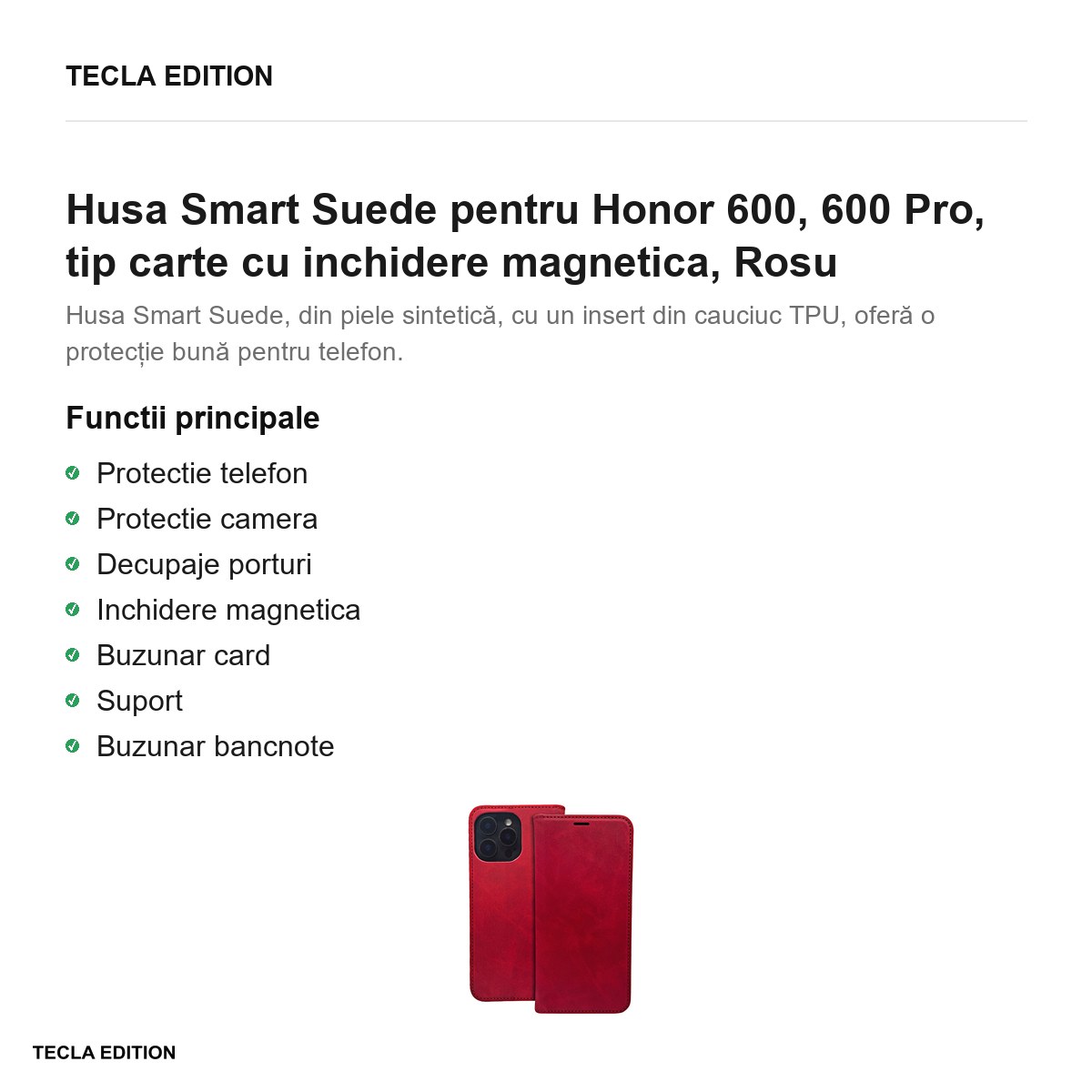 Husa Smart Suede pentru Honor 600, 600 Pro, tip carte cu inchidere magnetica, Rosu [1]