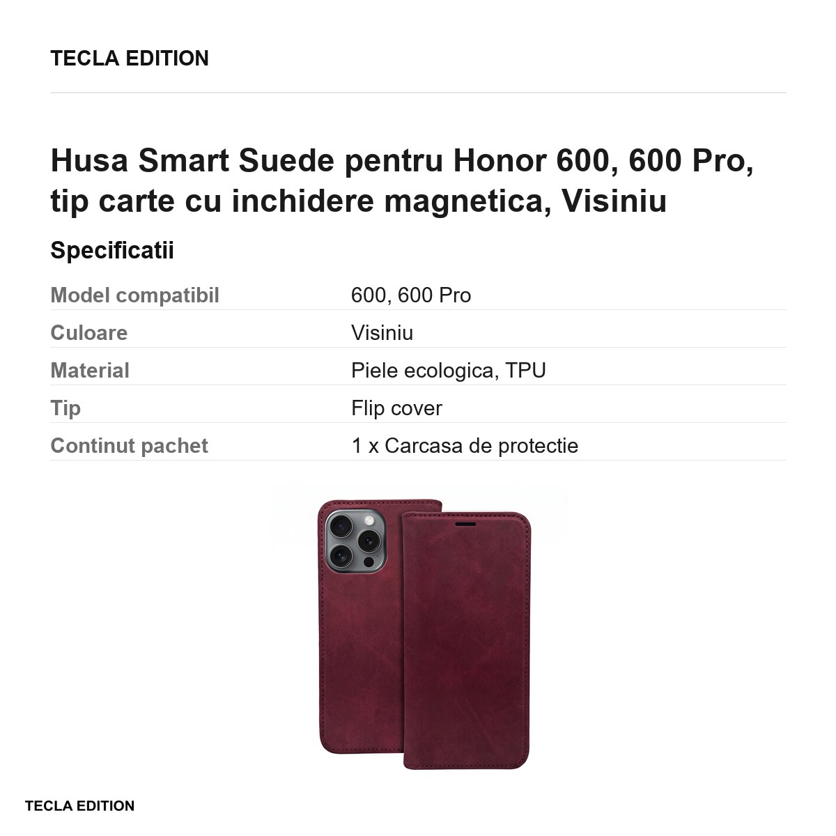 Husa Smart Suede pentru Honor 600, 600 Pro, tip carte cu inchidere magnetica, Visiniu [2]