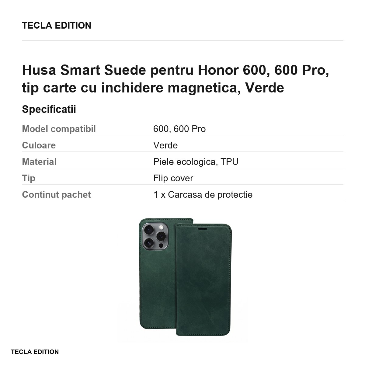 Husa Smart Suede pentru Honor 600, 600 Pro, tip carte cu inchidere magnetica, Verde [2]