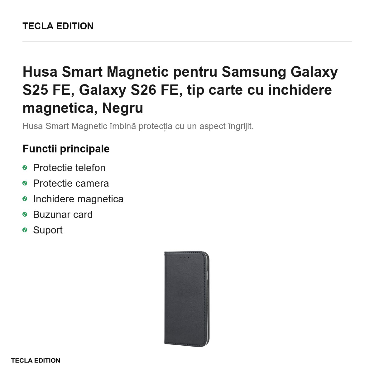 Husa Smart Magnetic pentru Samsung Galaxy S25 FE, Galaxy S26 FE, tip carte cu inchidere magnetica, Negru [1]