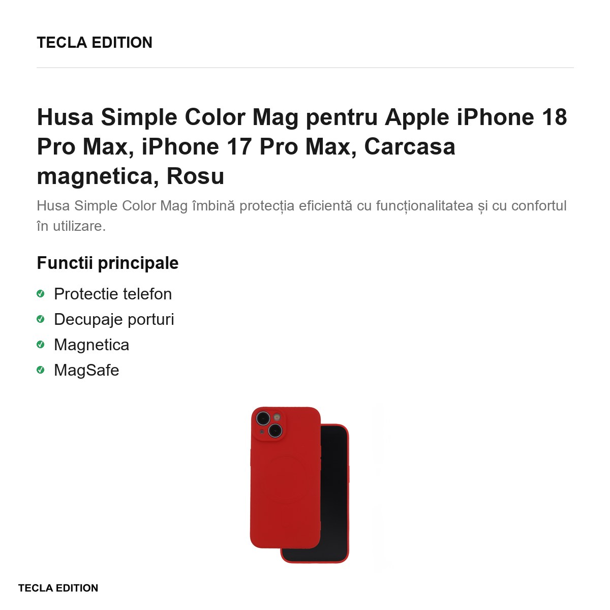Husa Simple Color Mag pentru Apple iPhone 18 Pro Max, iPhone 17 Pro Max, Carcasa magnetica, Rosu [1]
