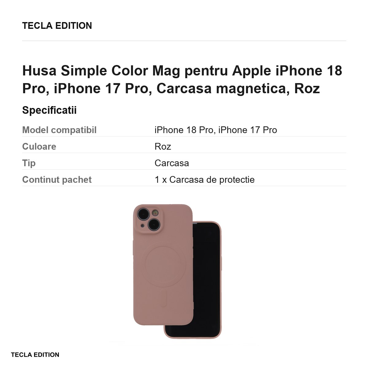 Husa Simple Color Mag pentru Apple iPhone 18 Pro, iPhone 17 Pro, Carcasa magnetica, Roz [2]