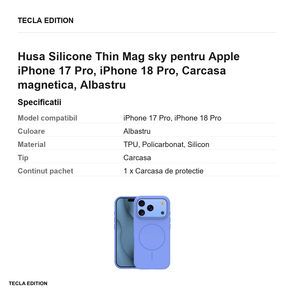 Husa Silicone Thin Mag sky pentru Apple iPhone 17 Pro, iPhone 18 Pro, Carcasa magnetica, Albastru [2]