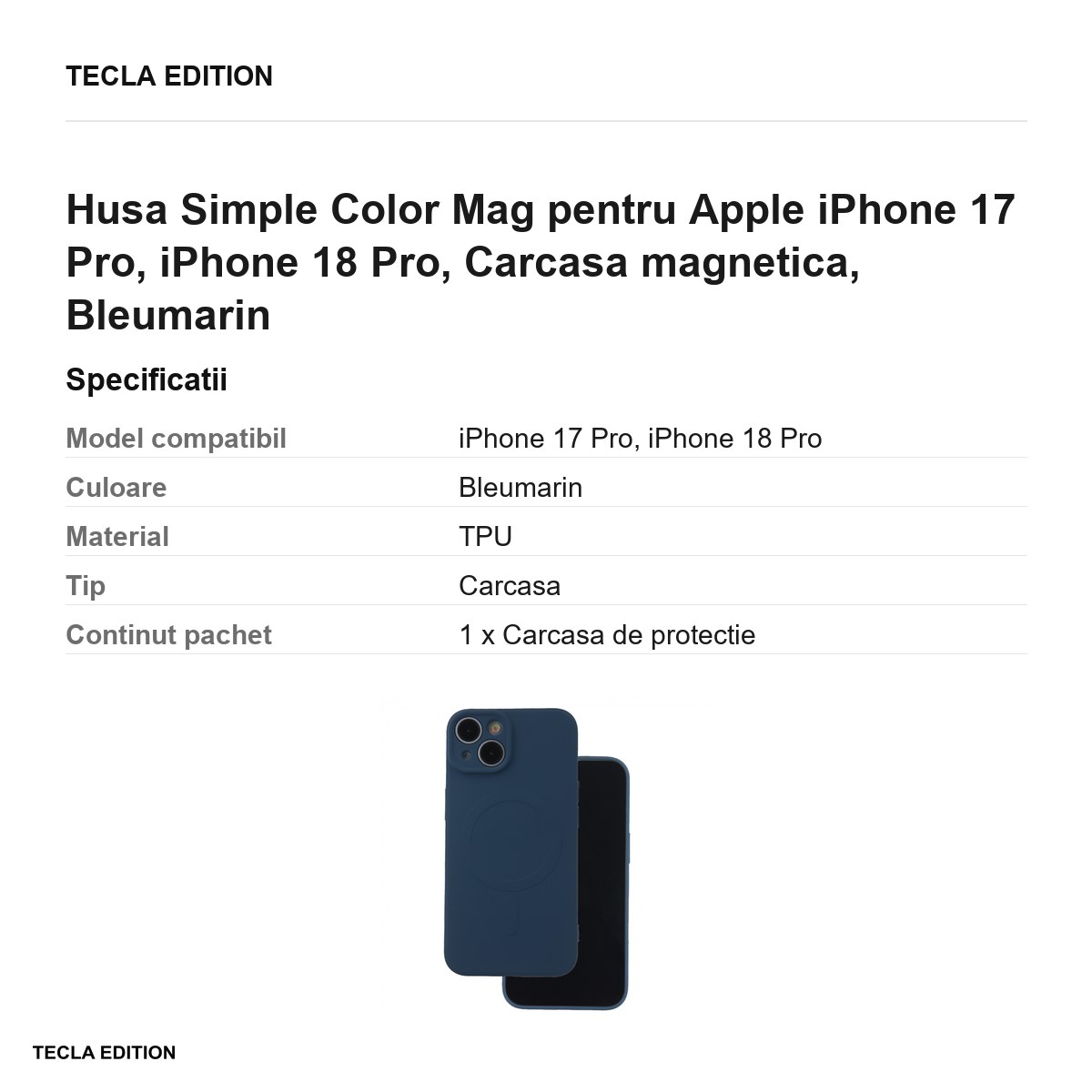 Husa Simple Color Mag pentru Apple iPhone 17 Pro, iPhone 18 Pro, Carcasa magnetica, Bleumarin [2]