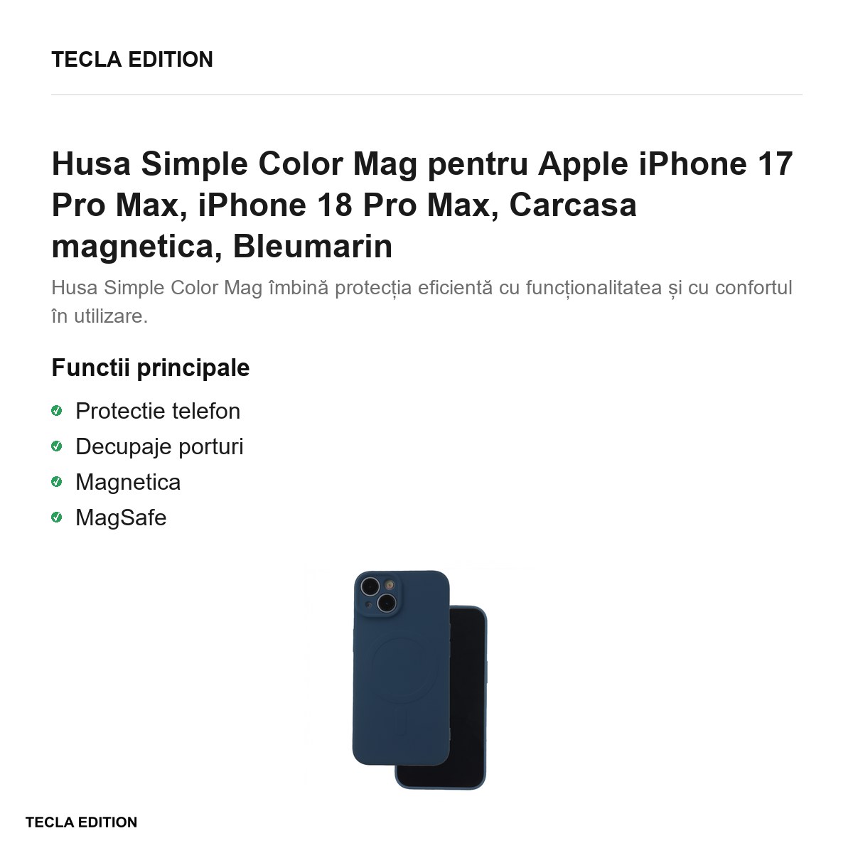 Husa Simple Color Mag pentru Apple iPhone 17 Pro Max, iPhone 18 Pro Max, Carcasa magnetica, Bleumarin [1]