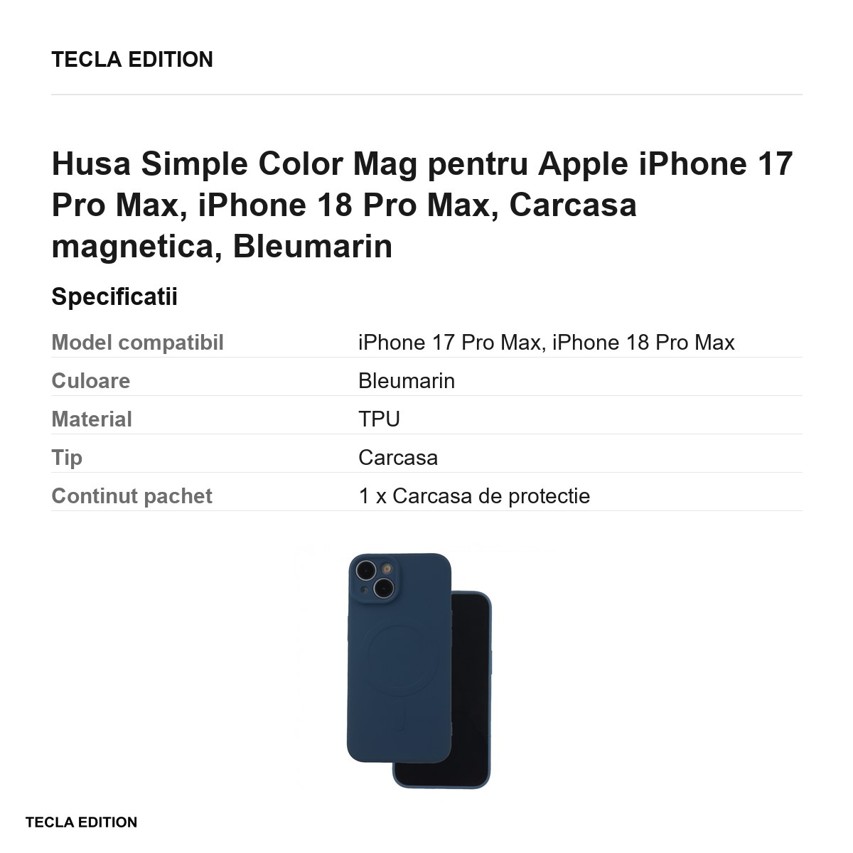 Husa Simple Color Mag pentru Apple iPhone 17 Pro Max, iPhone 18 Pro Max, Carcasa magnetica, Bleumarin [2]