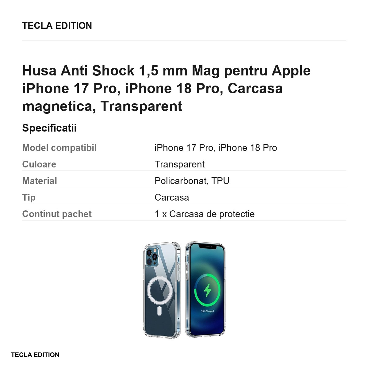 Husa Anti Shock 1,5 mm Mag pentru Apple iPhone 17 Pro, iPhone 18 Pro, Carcasa magnetica, Transparent [2]