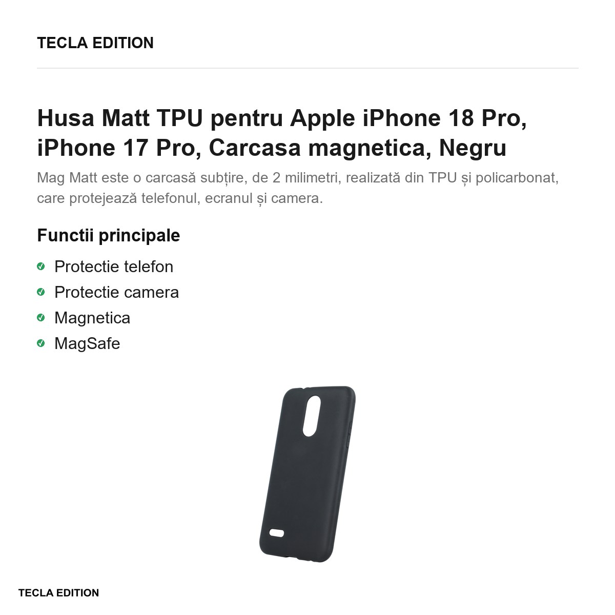 Husa Matt TPU pentru Apple iPhone 18 Pro, iPhone 17 Pro, Carcasa magnetica, Negru [1]