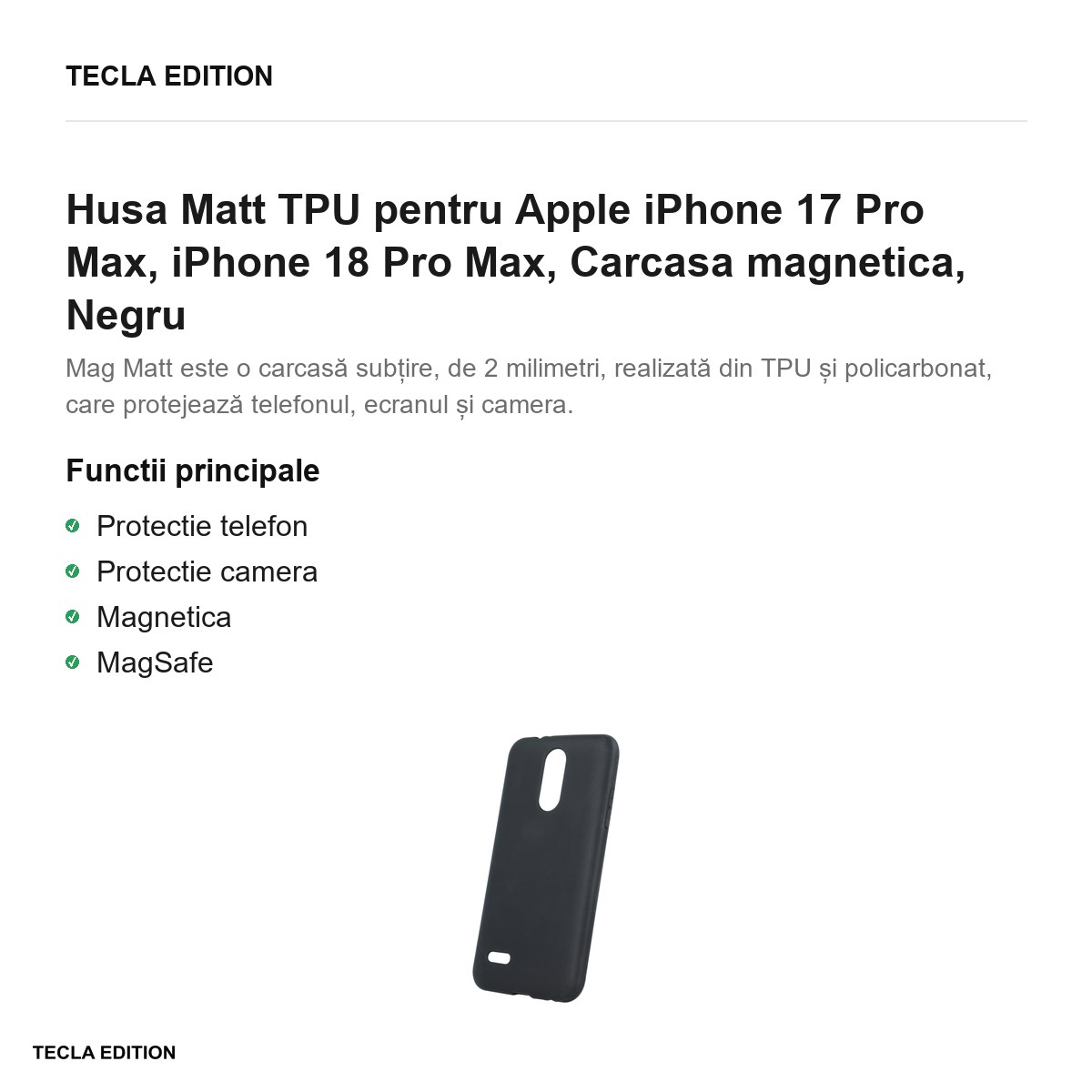 Husa Matt TPU pentru Apple iPhone 17 Pro Max, iPhone 18 Pro Max, Carcasa magnetica, Negru [1]