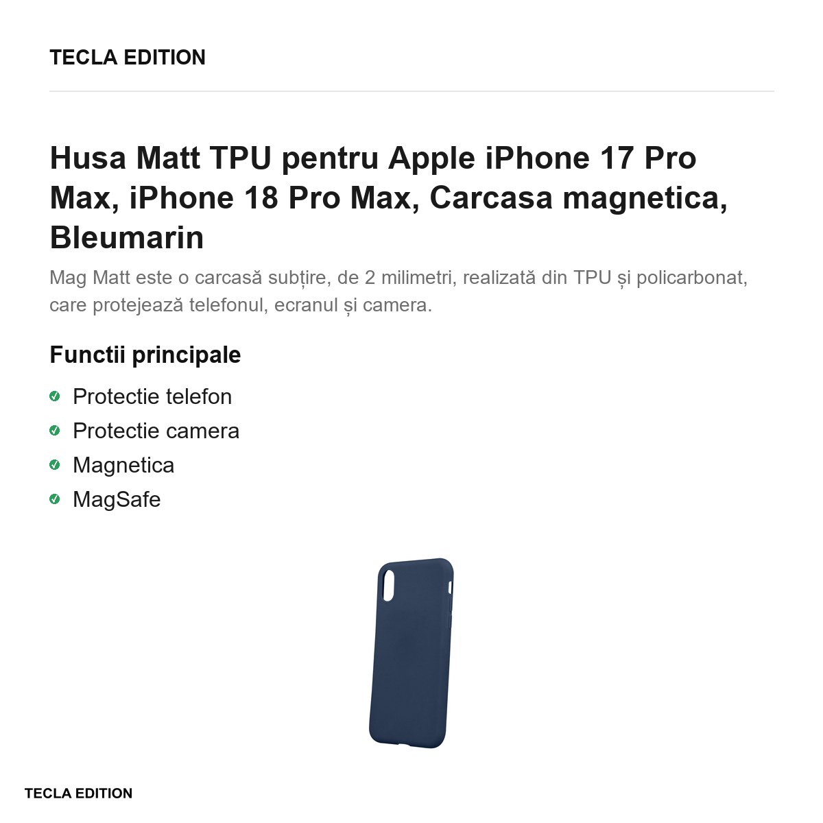 Husa Matt TPU pentru Apple iPhone 17 Pro Max, iPhone 18 Pro Max, Carcasa magnetica, Bleumarin [1]