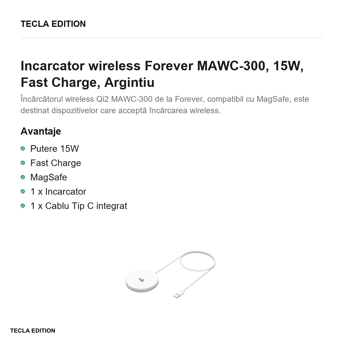 Incarcator wireless Forever MAWC-300, 15W, Fast Charge, Argintiu [1]