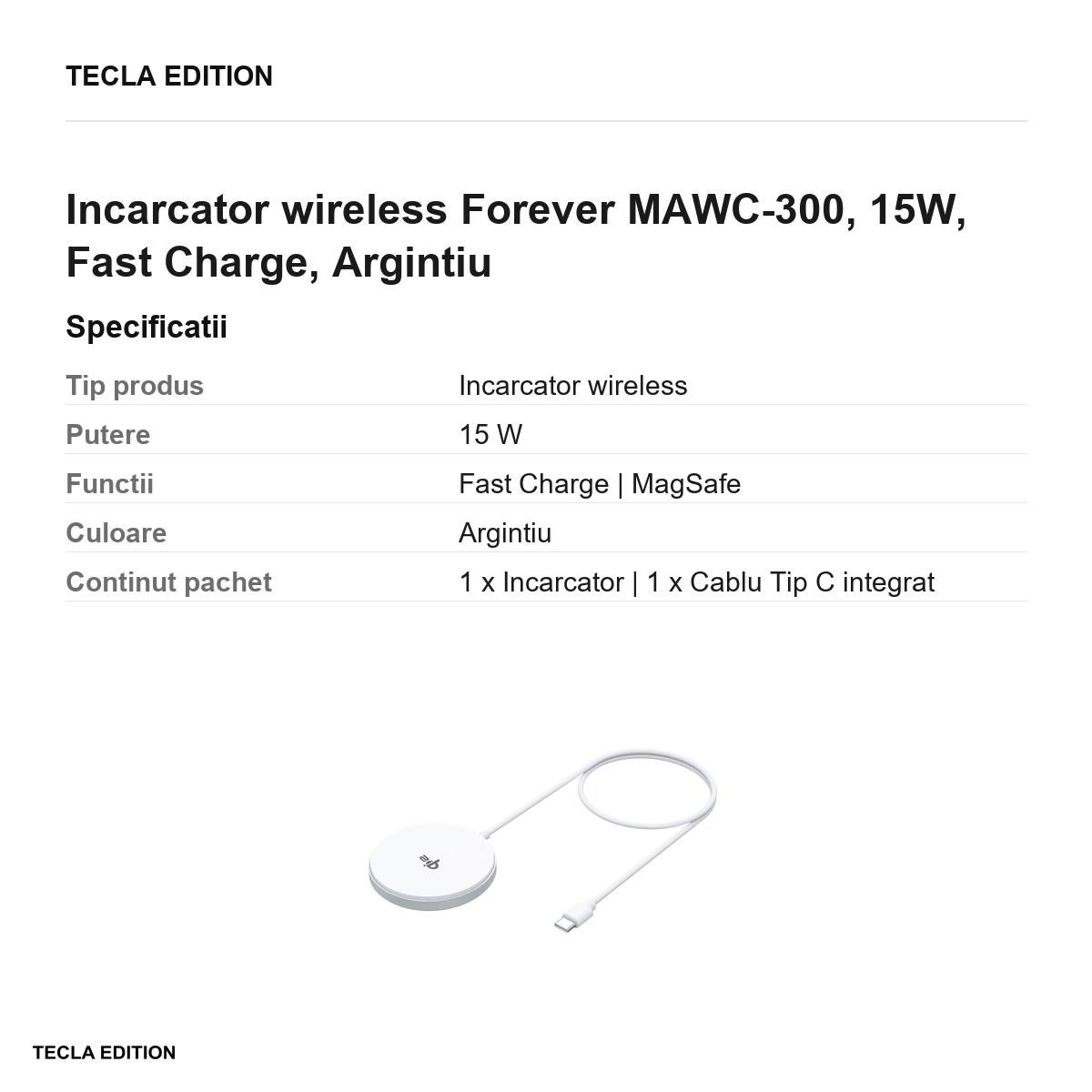 Incarcator wireless Forever MAWC-300, 15W, Fast Charge, Argintiu [2]
