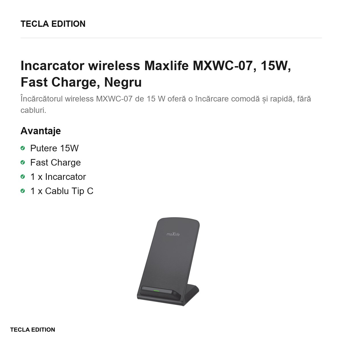 Incarcator wireless Maxlife MXWC-07, 15W, Fast Charge, Negru [1]