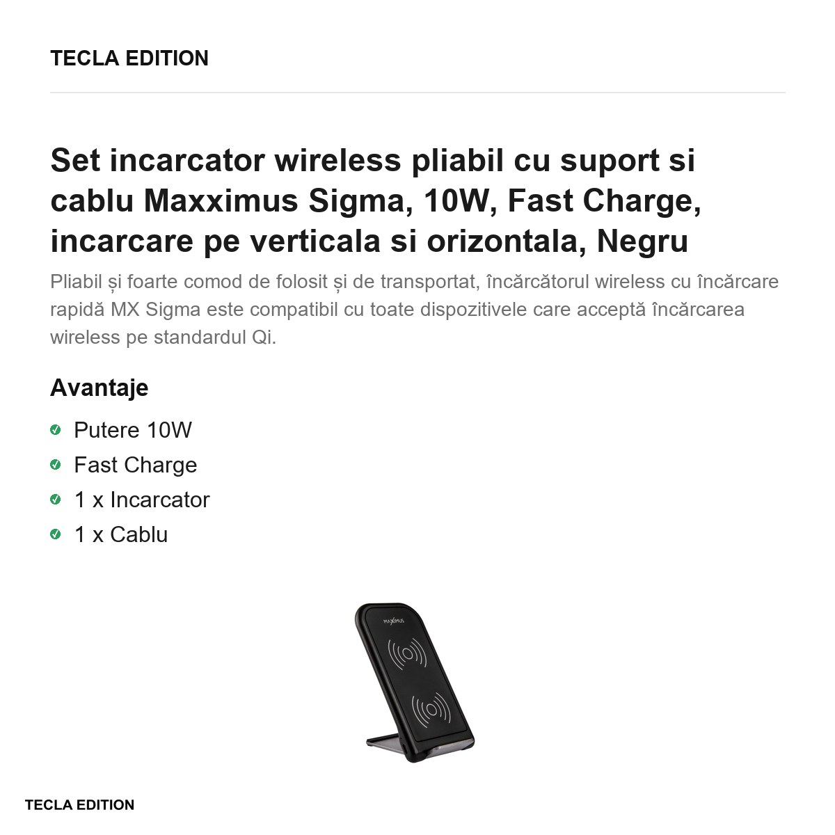 Set incarcator wireless pliabil cu suport si cablu Maxximus Sigma, 10W, Fast Charge, incarcare pe verticala si orizontala, Negru [1]