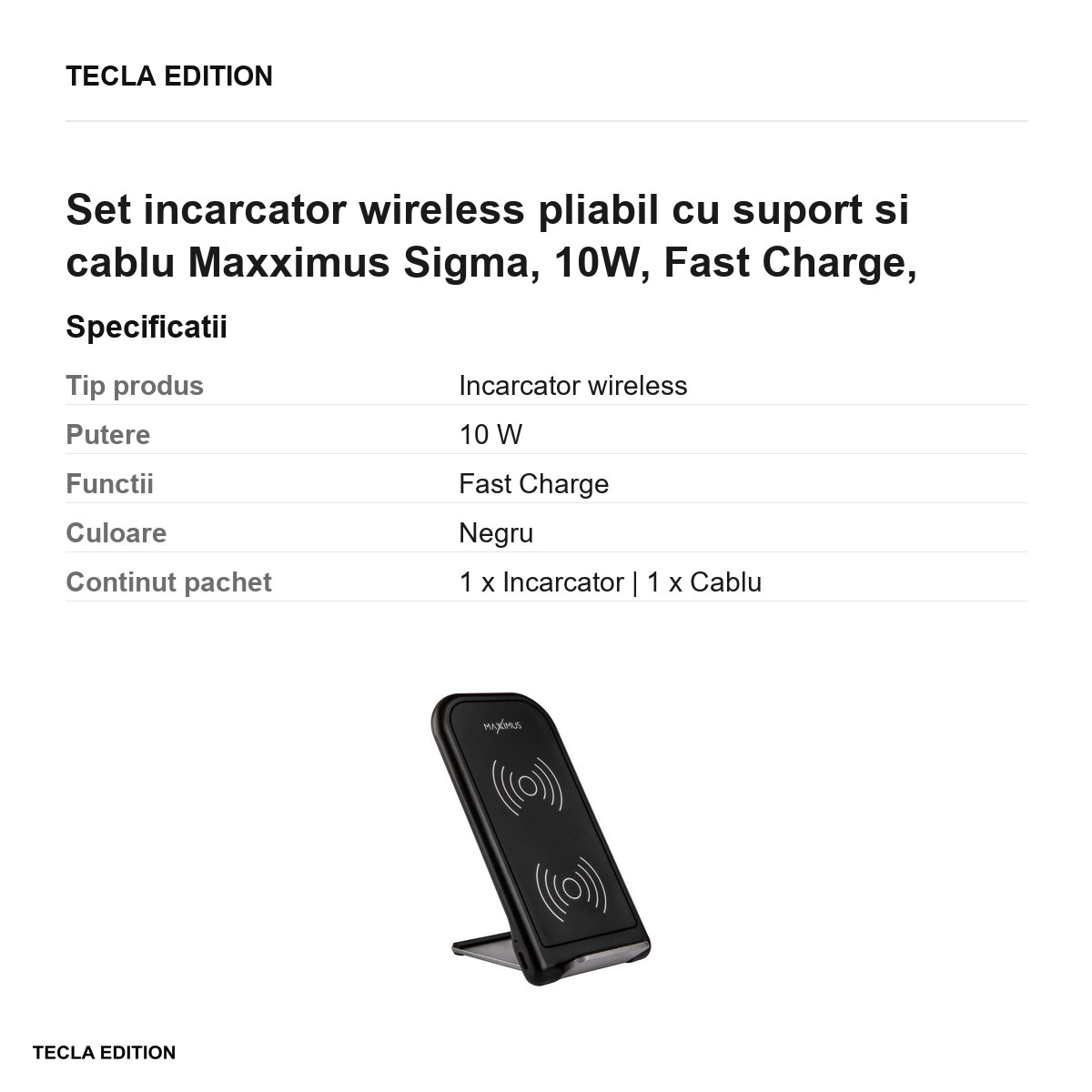 Set incarcator wireless pliabil cu suport si cablu Maxximus Sigma, 10W, Fast Charge, incarcare pe verticala si orizontala, Negru [2]