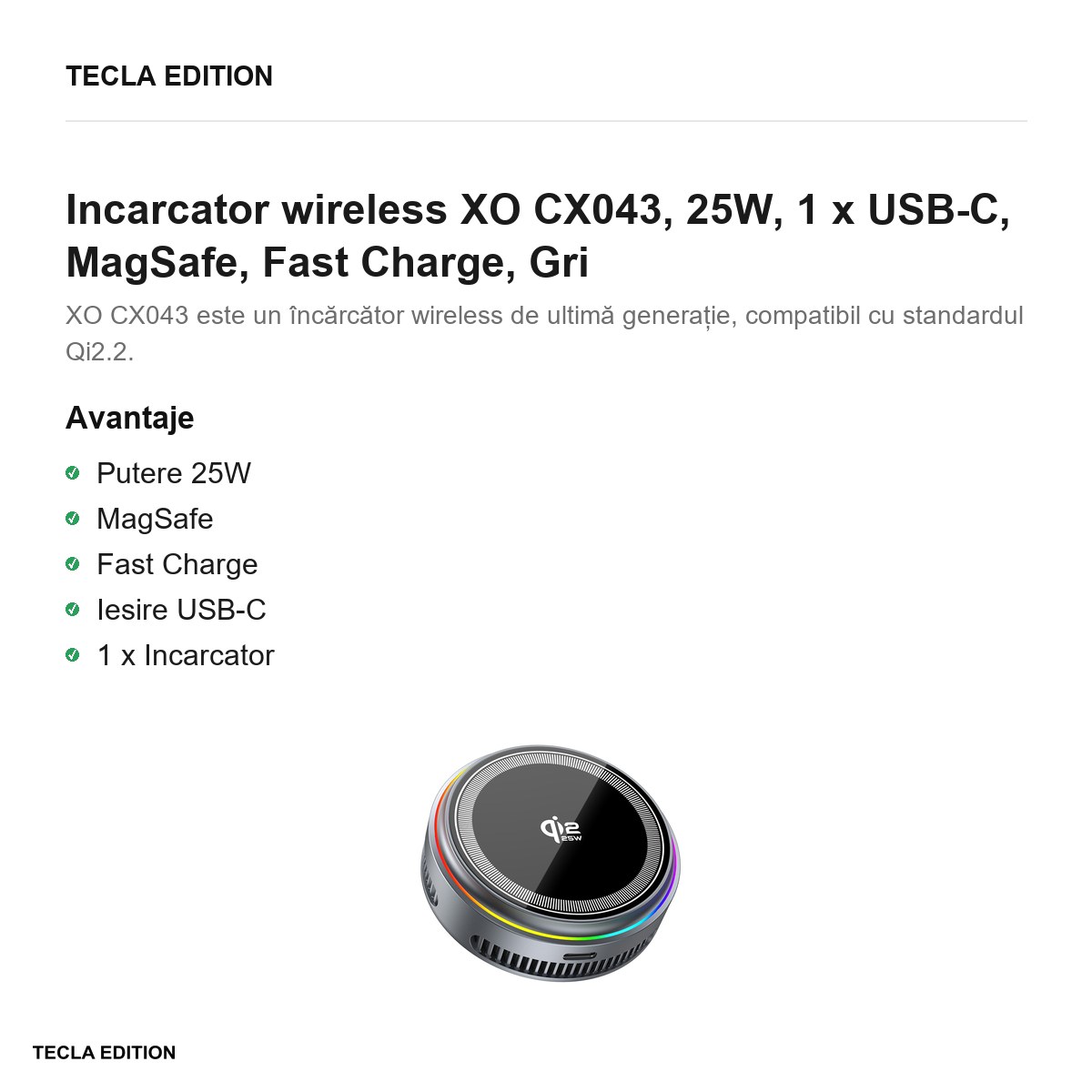 Incarcator wireless XO CX043, 25W, 1 x USB-C, MagSafe, Fast Charge, Gri [1]
