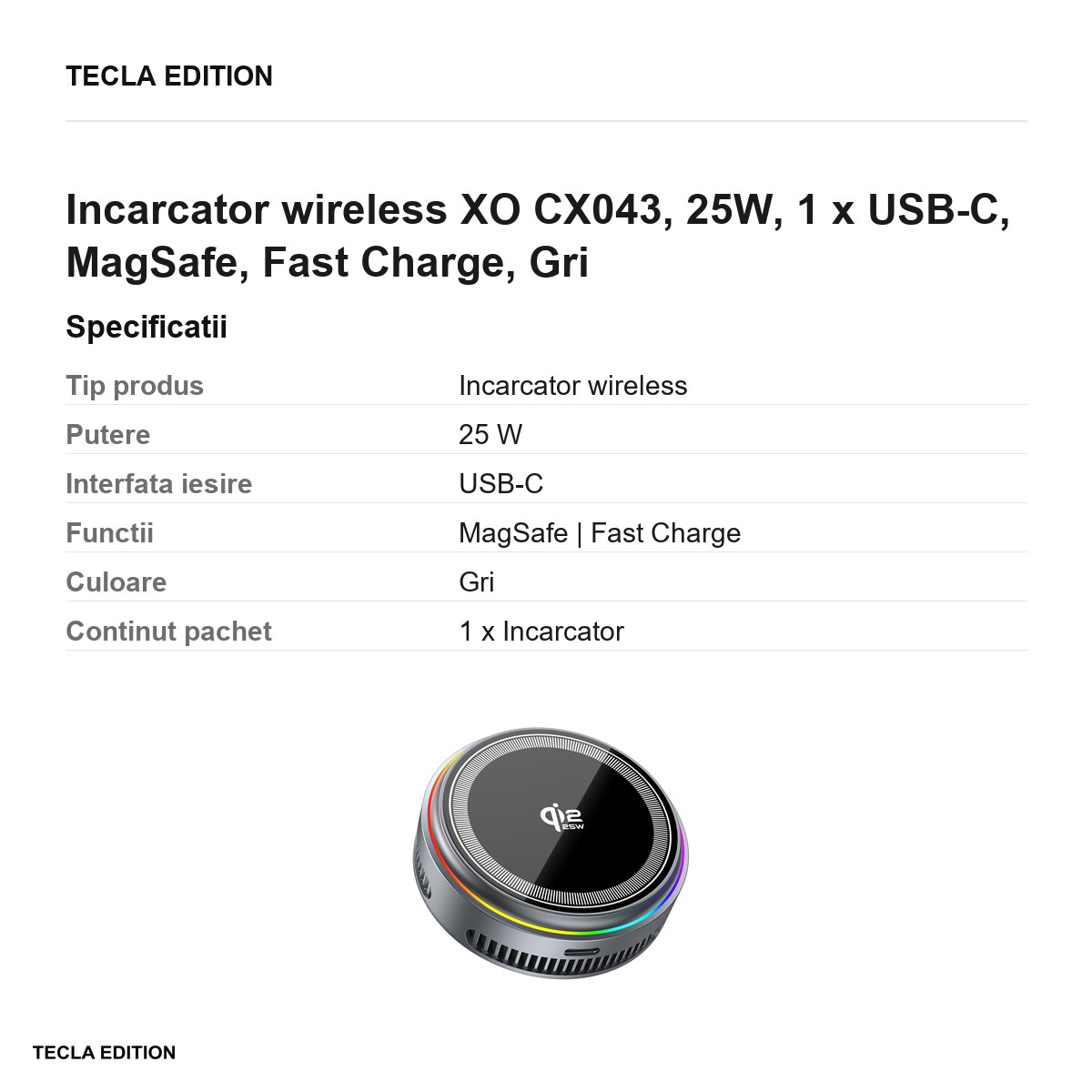 Incarcator wireless XO CX043, 25W, 1 x USB-C, MagSafe, Fast Charge, Gri [2]