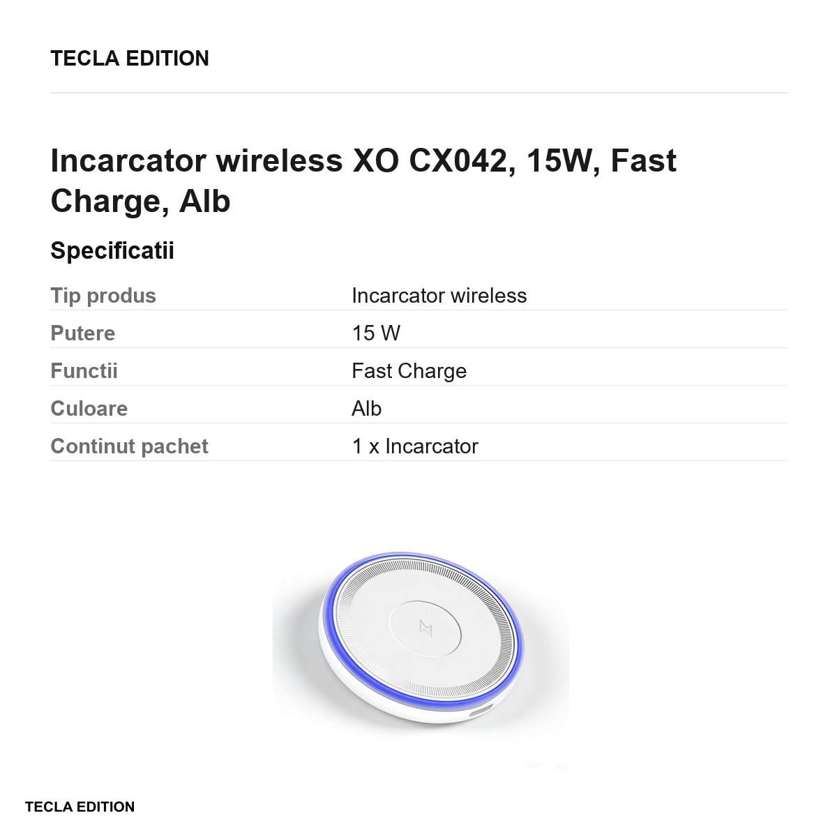 Incarcator wireless XO CX042, 15W, Fast Charge, Alb [2]