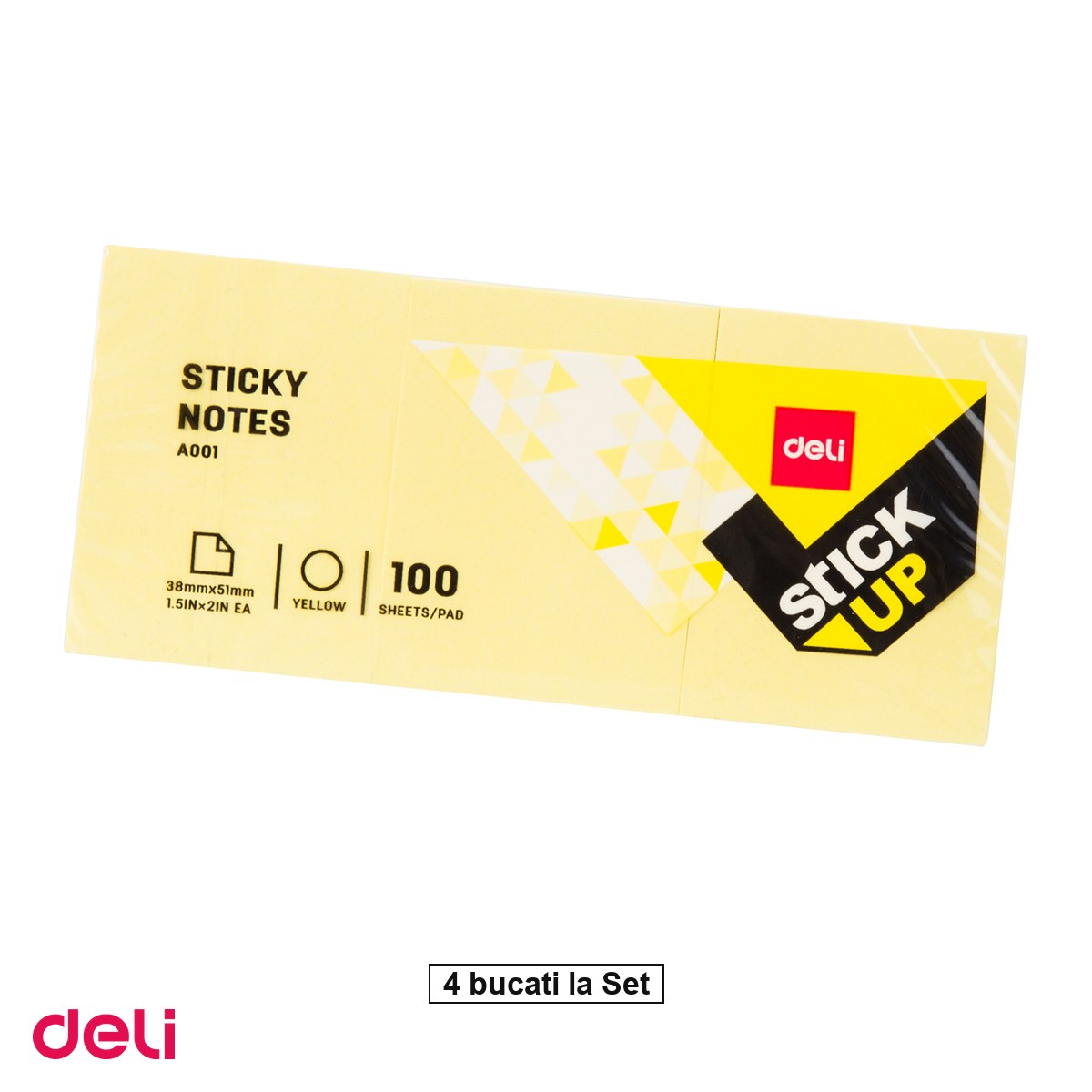Organizare si arhivare - Set 4 notesuri Deli, adeziv 3x38x51 galben 100 file, 38x51 mm