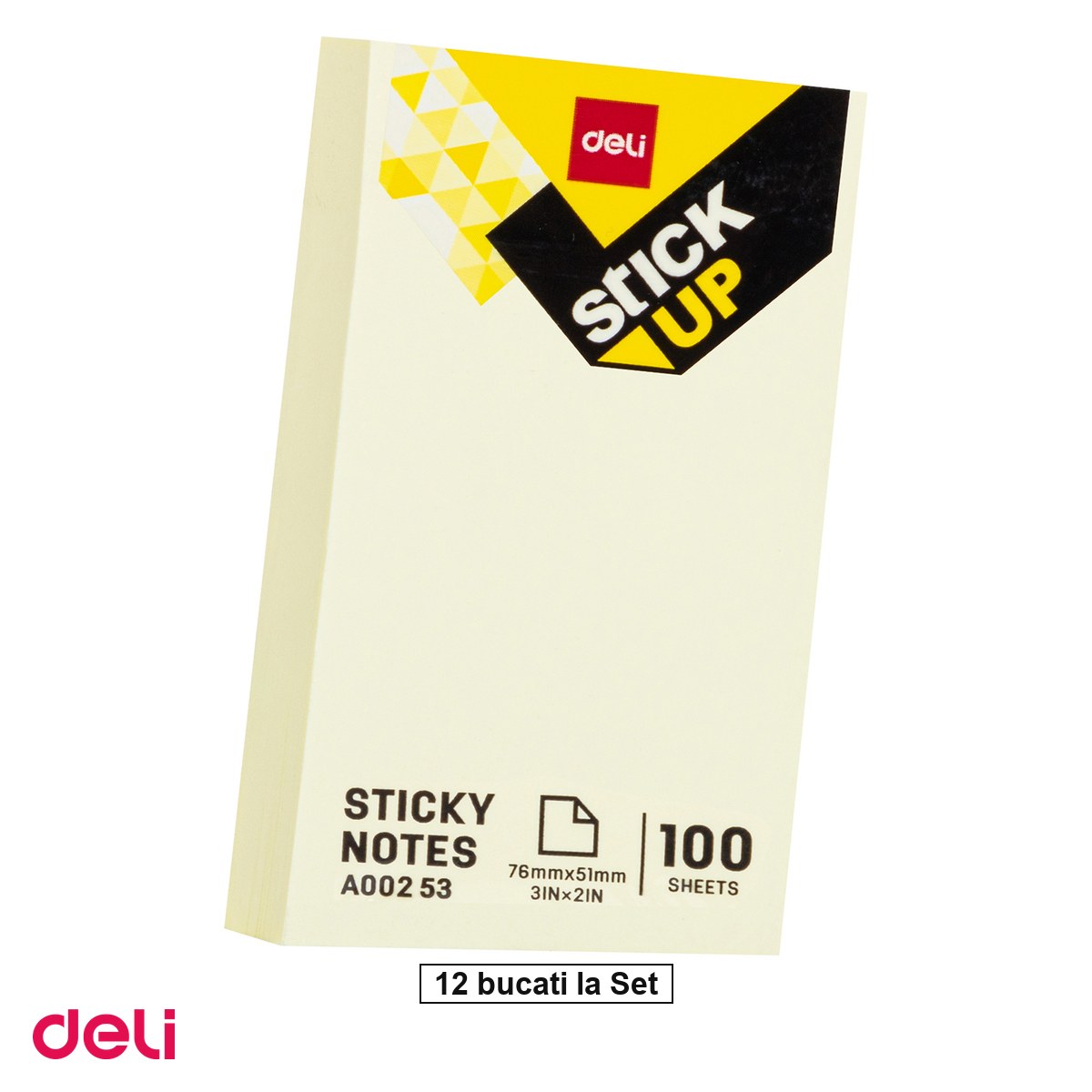 Notes, Post-it si cuburi de hartie - Set 12 notesuri Deli, adeziv galben 100 file, 76x51 mm