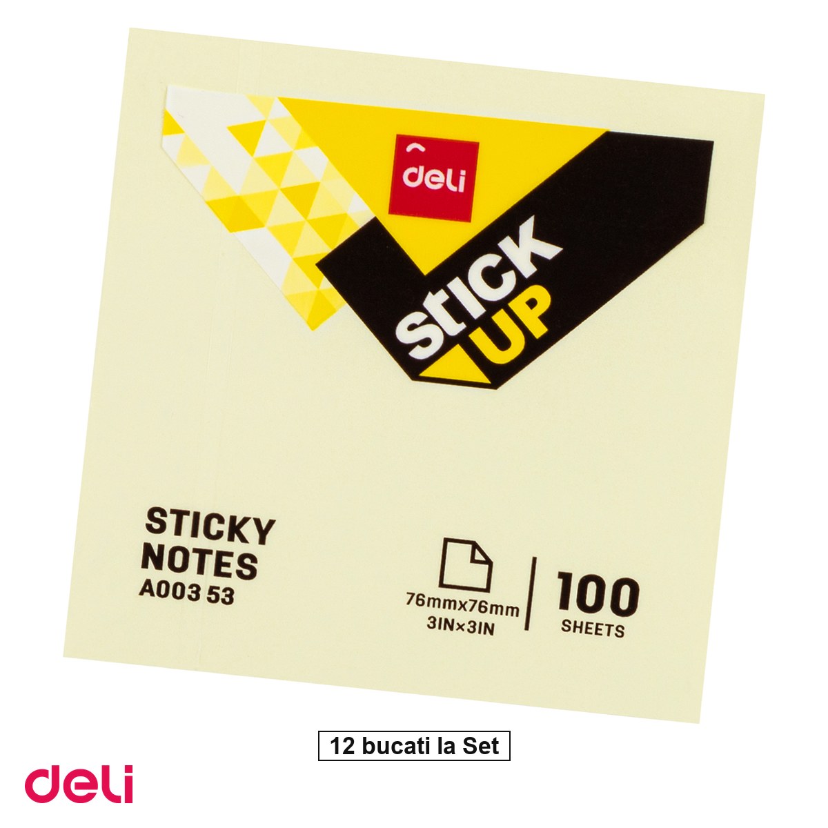 Notes, Post-it si cuburi de hartie - Set 12 notesuri Deli, adeziv galben 100 file, 76x76 mm