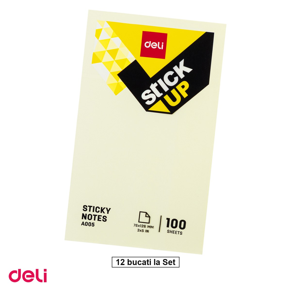 Notes, Post-it si cuburi de hartie - Set 12 notesuri Deli, adeziv galben 100 file, 76x126 mm