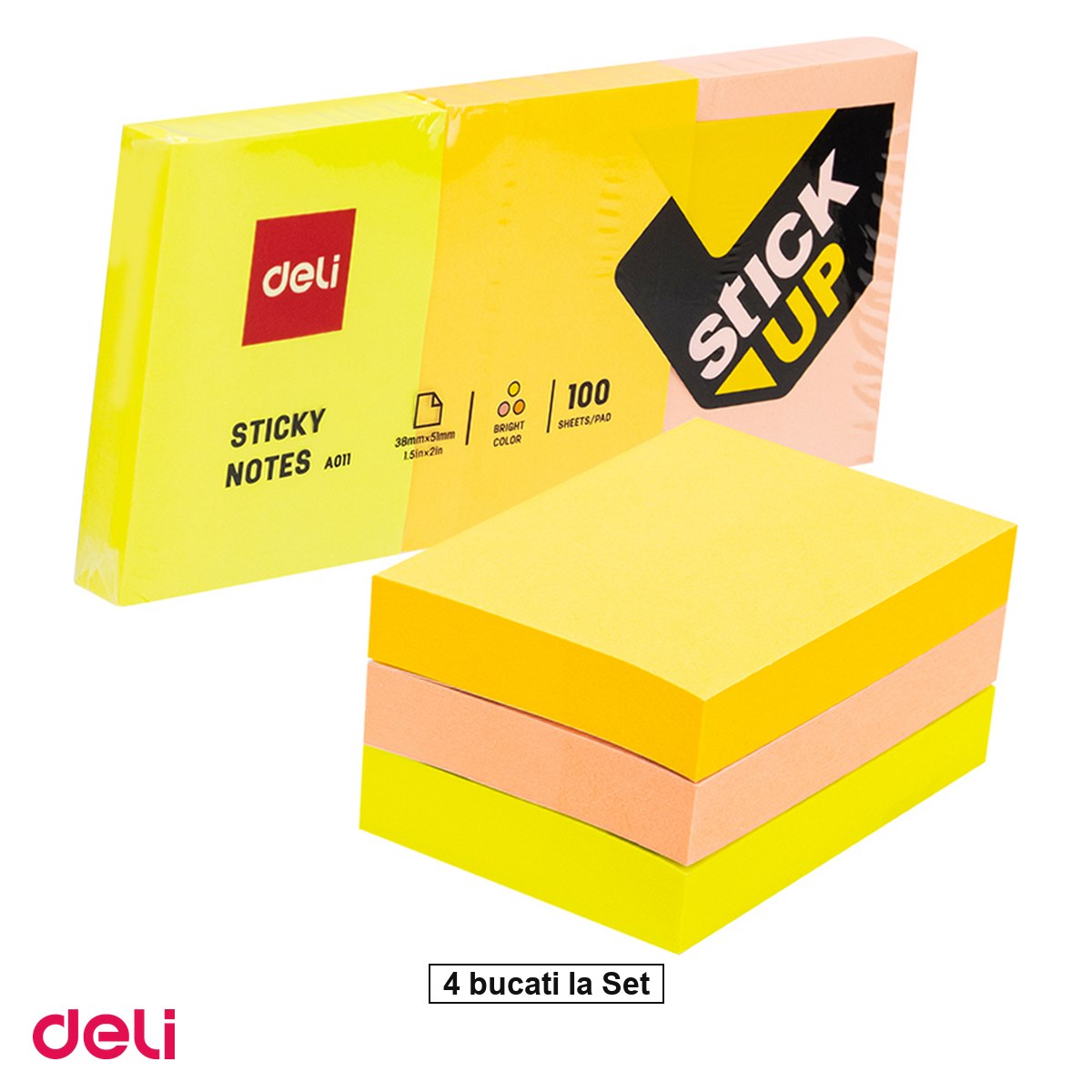 Notes, Post-it si cuburi de hartie - Set 4 notesuri Deli, adeziv 3x38x51 3 culori 100 file, 38x51 mm