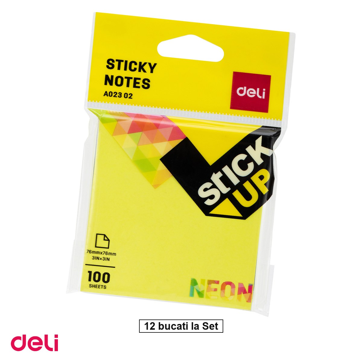 Notes, Post-it si cuburi de hartie - Set 12 notesuri Deli, adeziv 100 file neon, 76x76 mm