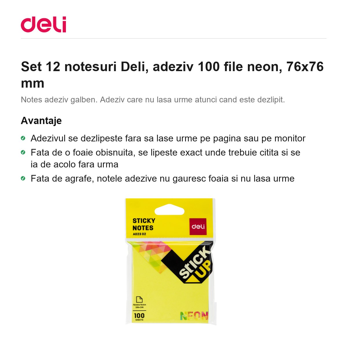 Set 12 notesuri Deli, adeziv 100 file neon, 76x76 mm [1]