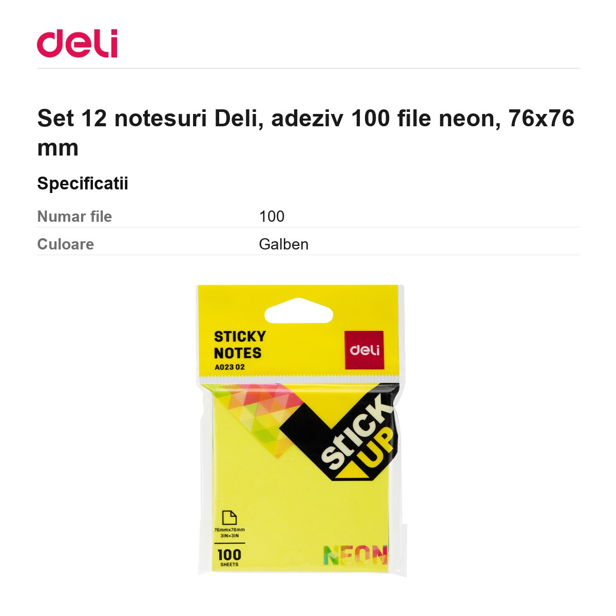 Set 12 notesuri Deli, adeziv 100 file neon, 76x76 mm [2]
