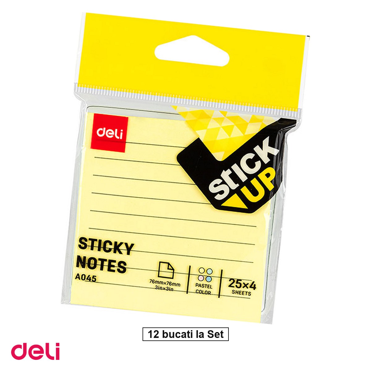Notes, Post-it si cuburi de hartie - Set 12 notesuri Deli R-v-g-a Liniat, adeziv 4x25 file, 76x76 mm