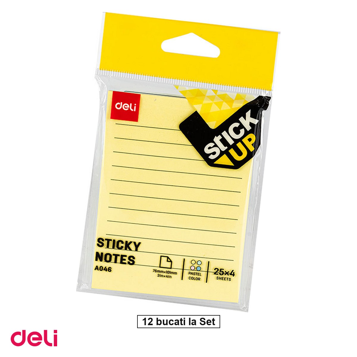Notes, Post-it si cuburi de hartie - Set 12 notesuri Deli R-v-g-a Liniat, adeziv 4x25 file, 76x101 mm