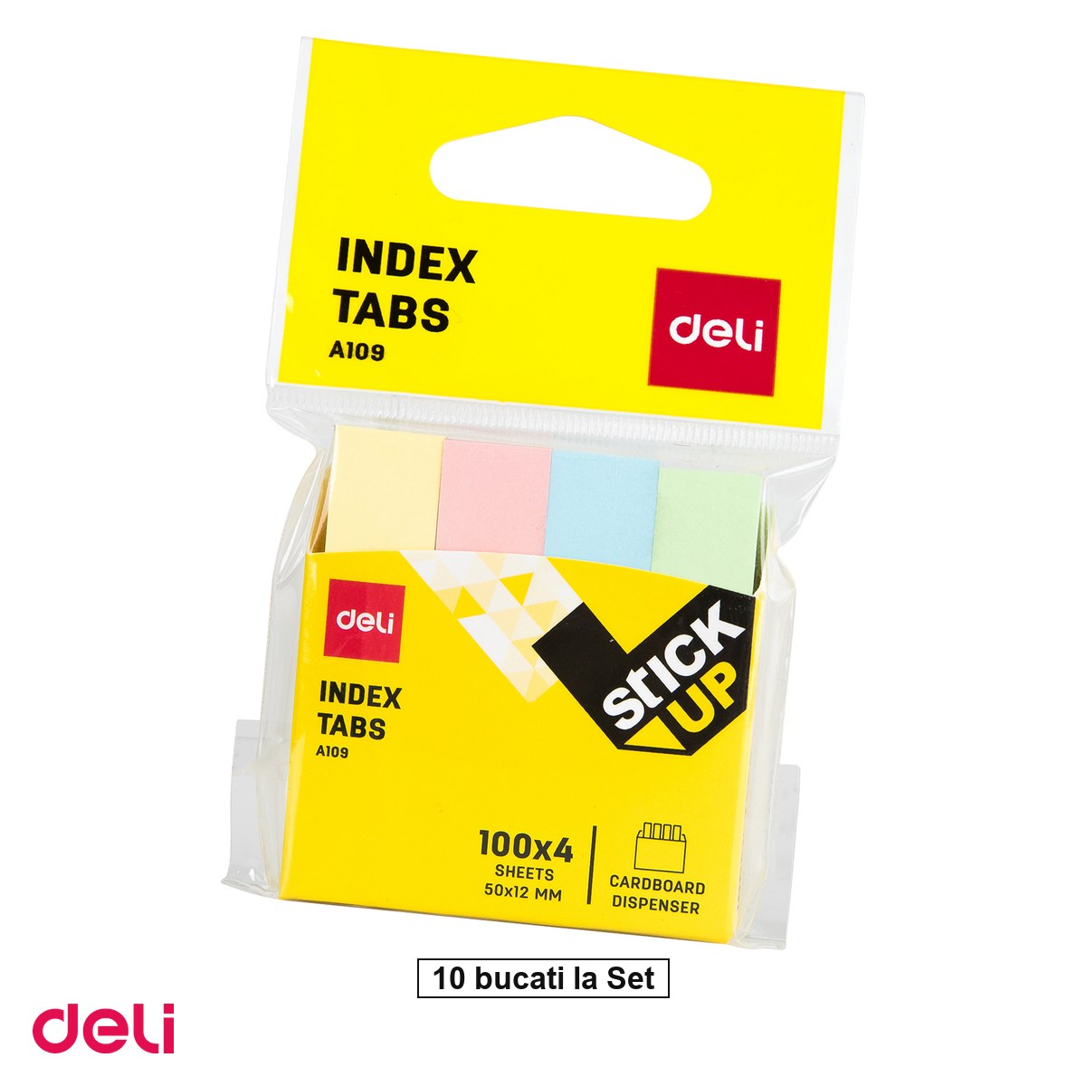 Notes, Post-it si cuburi de hartie - Set 10 indexuri autoadezive Deli, din hartie, adeziv 4 culori 100 file, 12x50 mm
