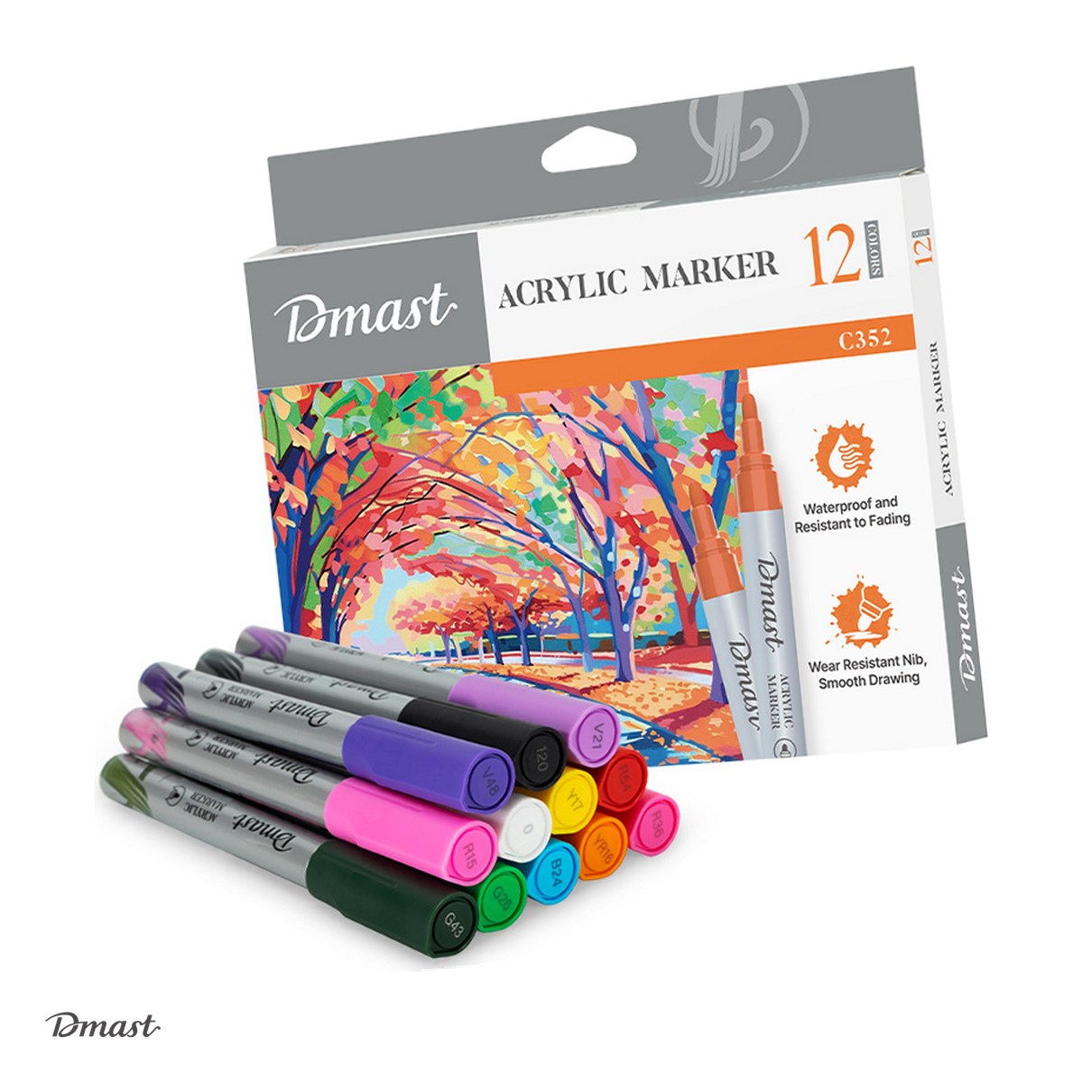 Handmade Creativ si Hobby - Set 12 markere cu varf rotund de 2 mm, Dmast by Pebeo, acrilice culori clasice, scris asortate