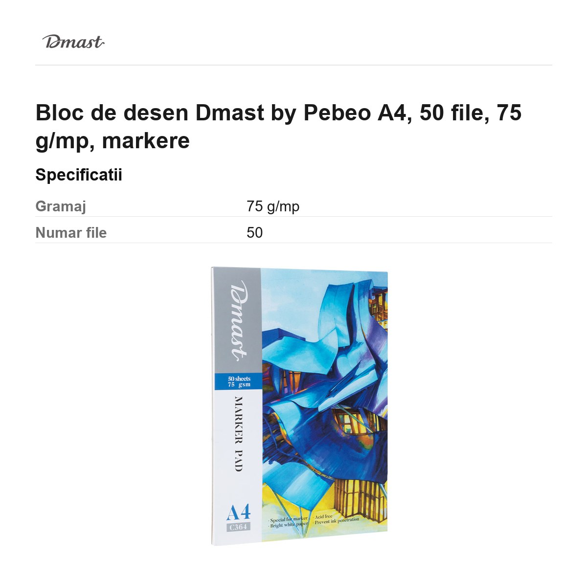 Bloc de desen Dmast by Pebeo A4, 50 file, 75 g/mp, markere [2]