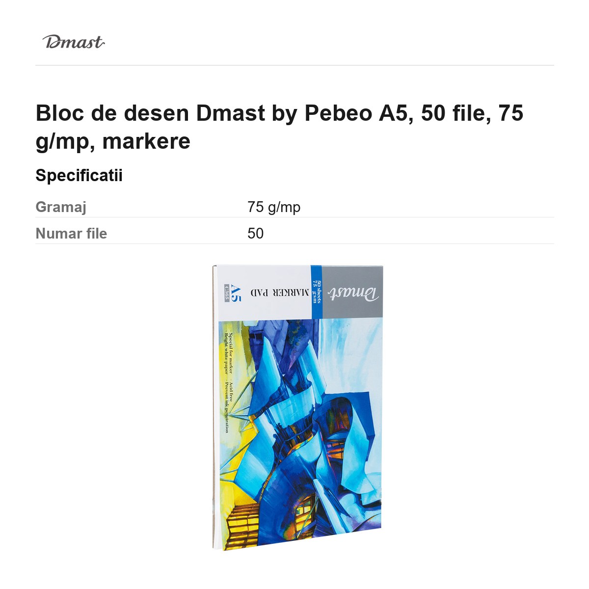 Bloc de desen Dmast by Pebeo A5, 50 file, 75 g/mp, markere [2]