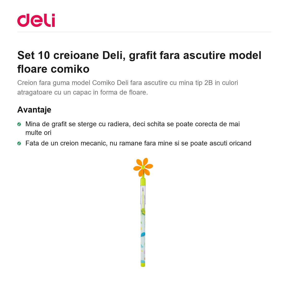 Set 10 creioane Deli, grafit fara ascutire model floare comiko [1]