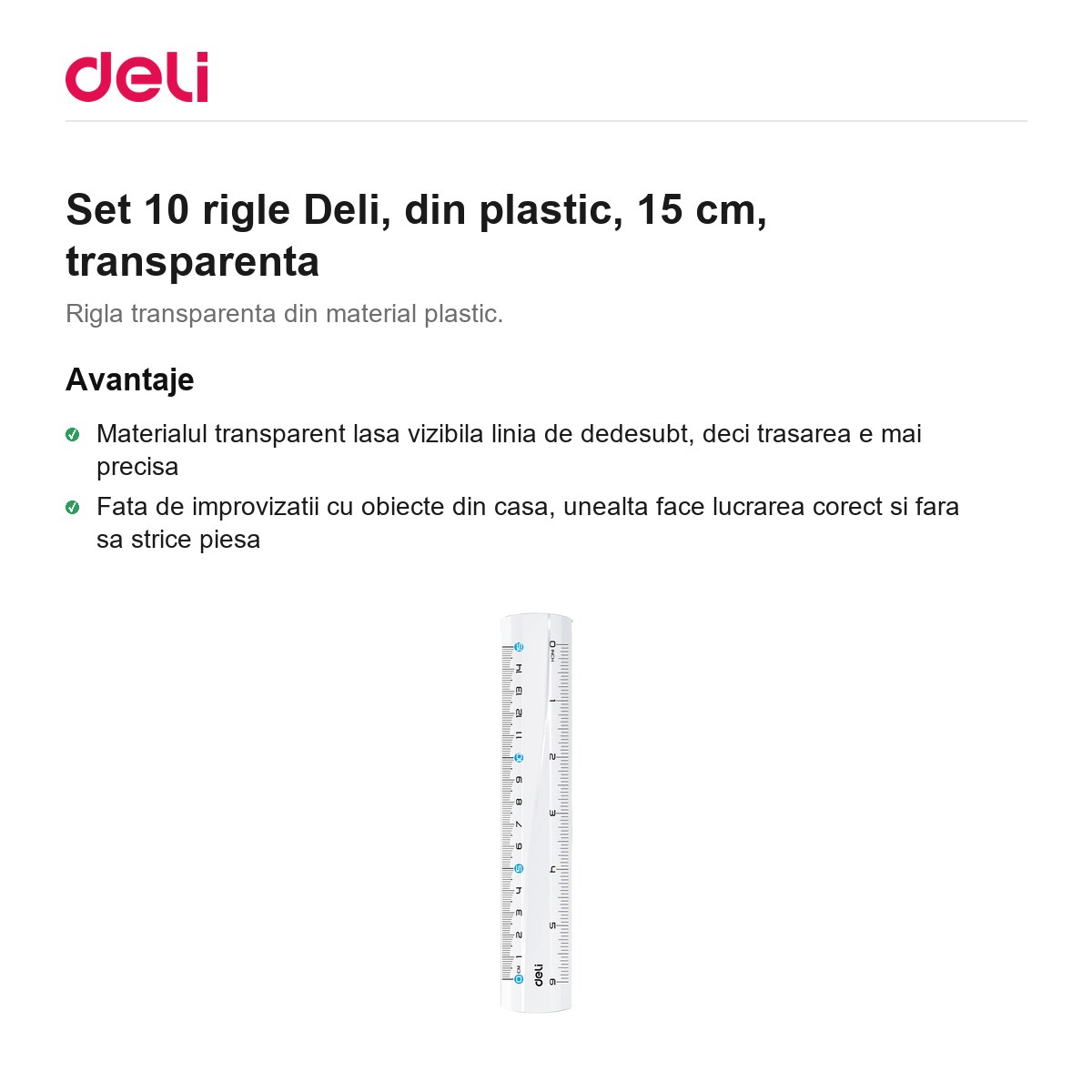 Set 10 rigle Deli, din plastic, 15 cm, transparenta [1]